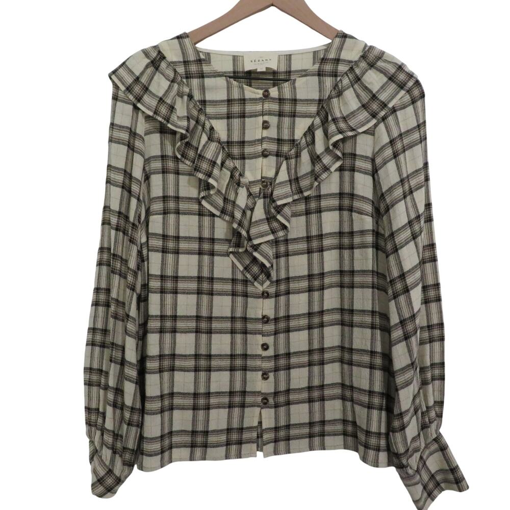 Sézane Women Sz XS Angela Shirt Beige Tiles Virgin Wool Blend Button Up Blouse
